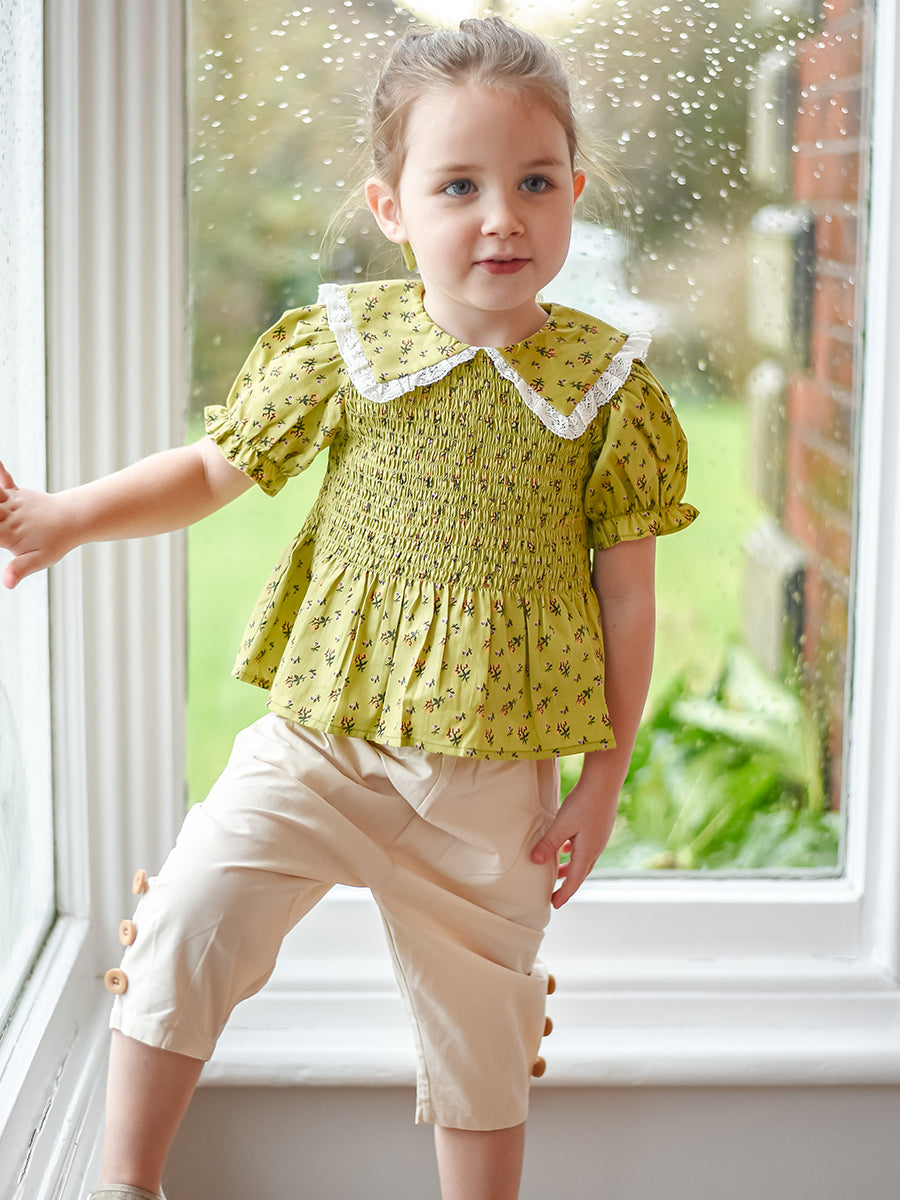 Cecile Smocked Floral Blouse, Green Fields – Happyology