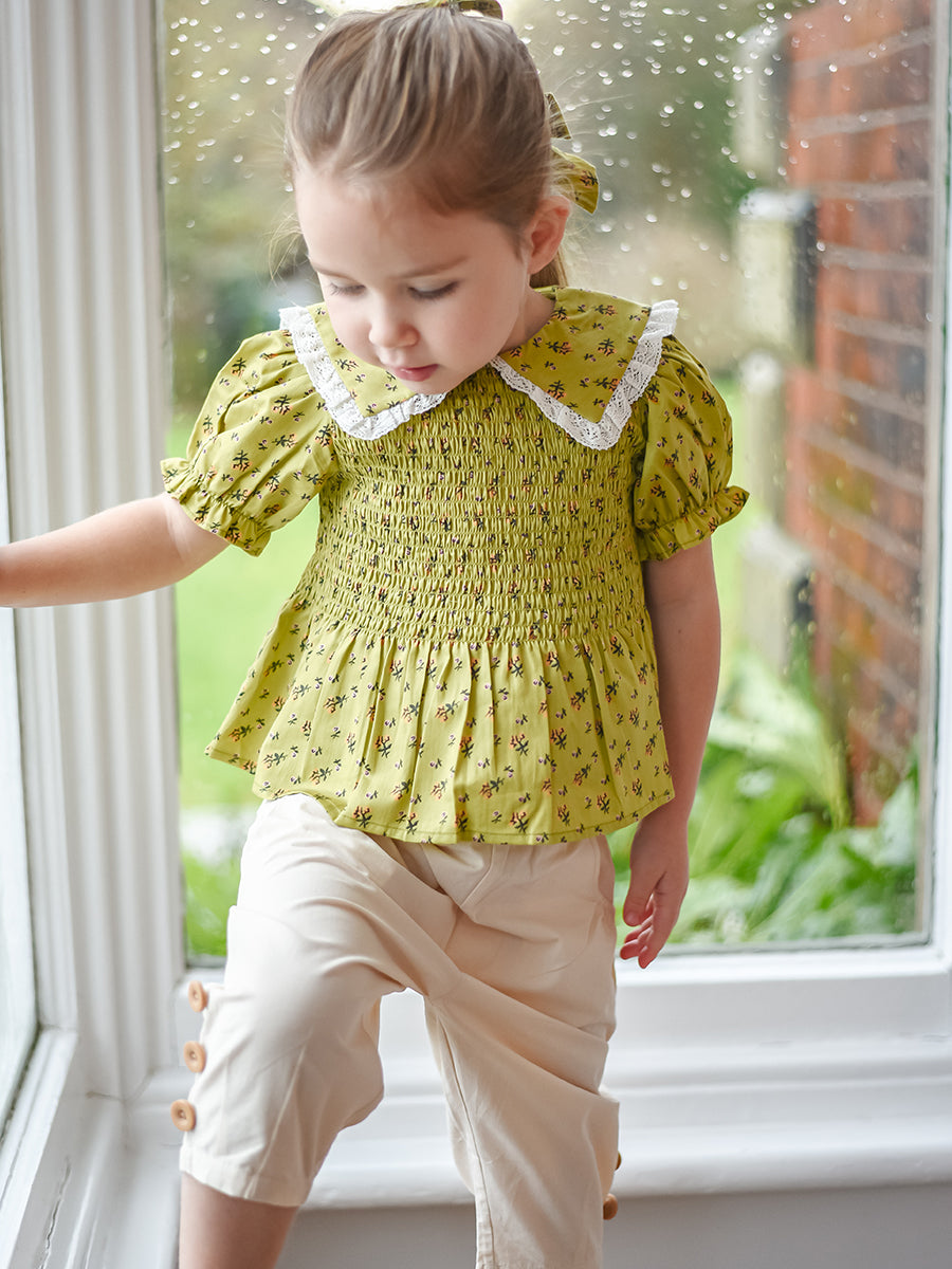 Cecile Smocked Floral Blouse, Green Fields – view 3