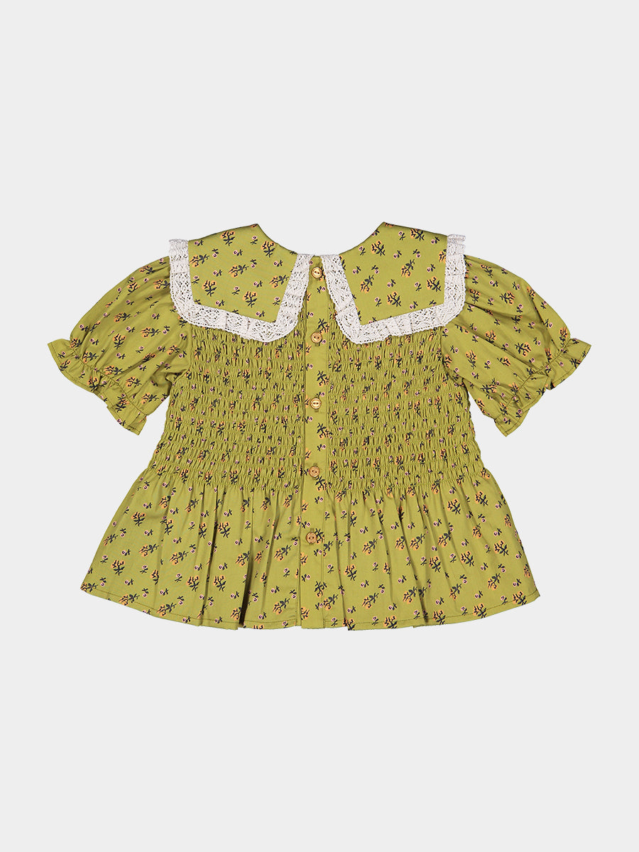 Cecile Smocked Floral Blouse, Green Fields – view 7