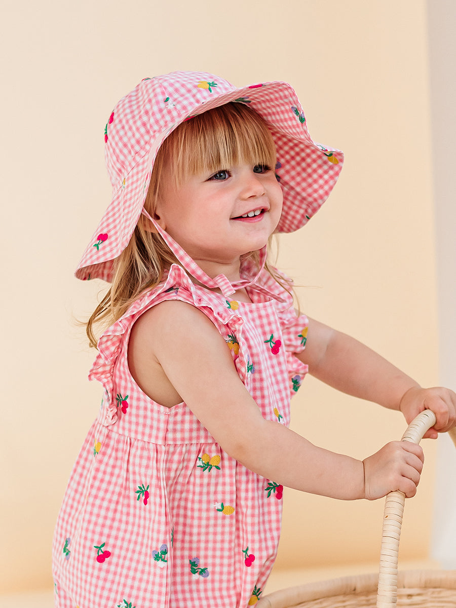 Alstonia Fruit Embroidery Sunhat, Pink Check – view 4