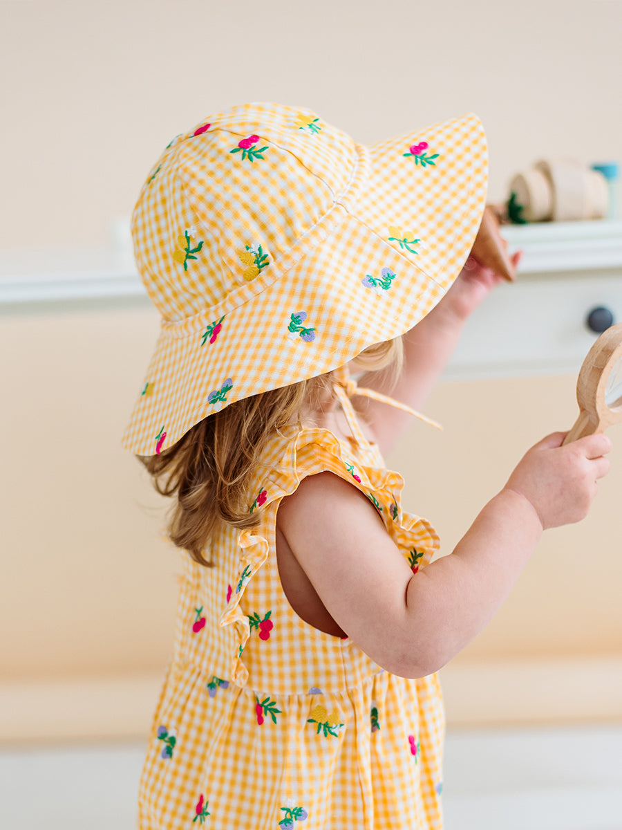 Alstonia Fruit Embroidery Sunhat, Yellow Check – Happyology