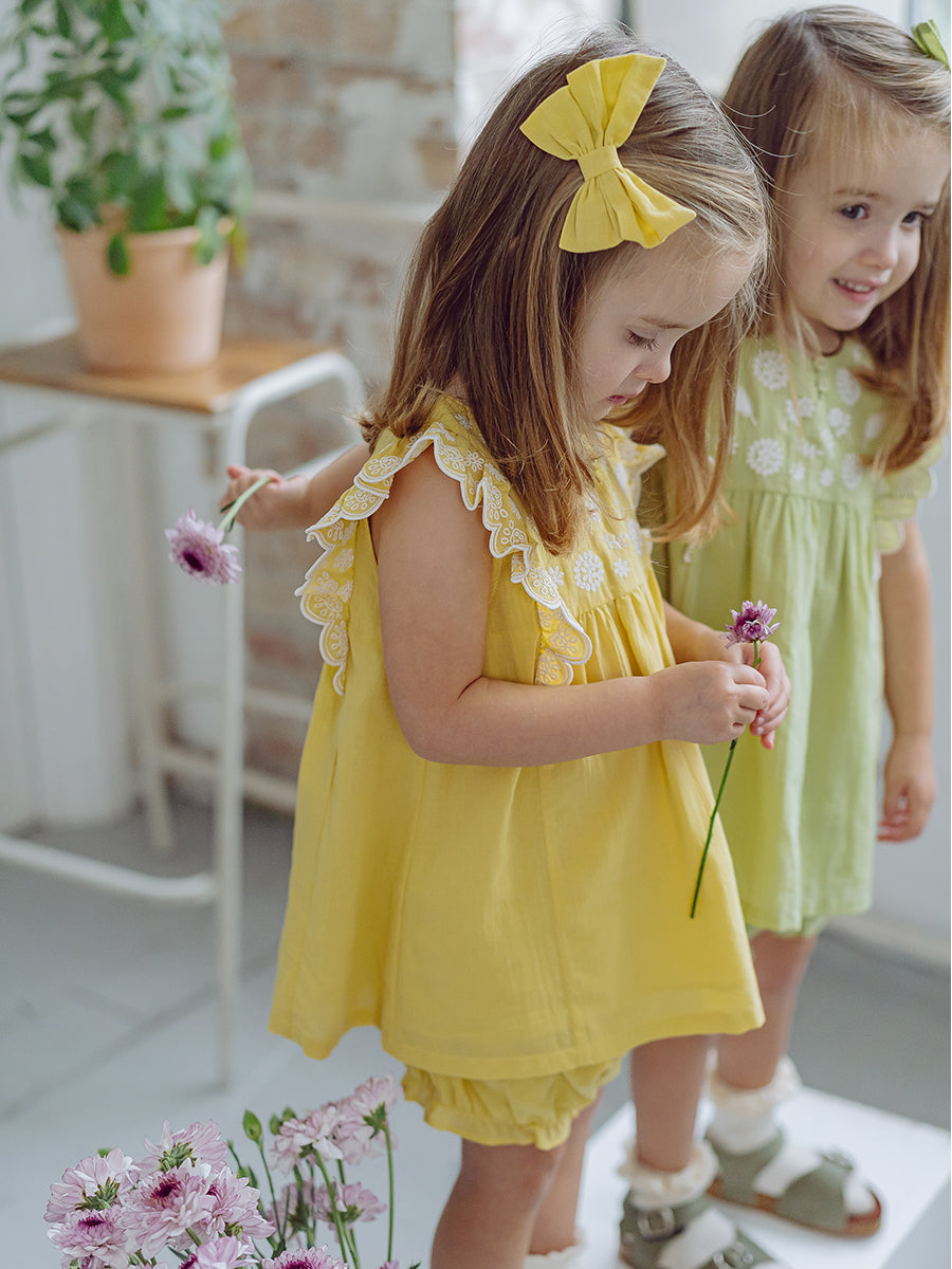 Uffizi Embroidery Dress & Bloomers Set, Lemon Yellow – view 4