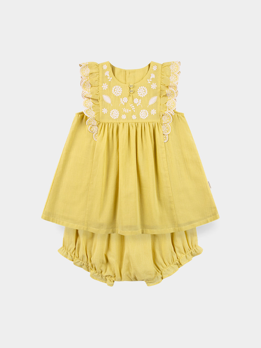Uffizi Embroidery Dress & Bloomers Set, Lemon Yellow – view 2
