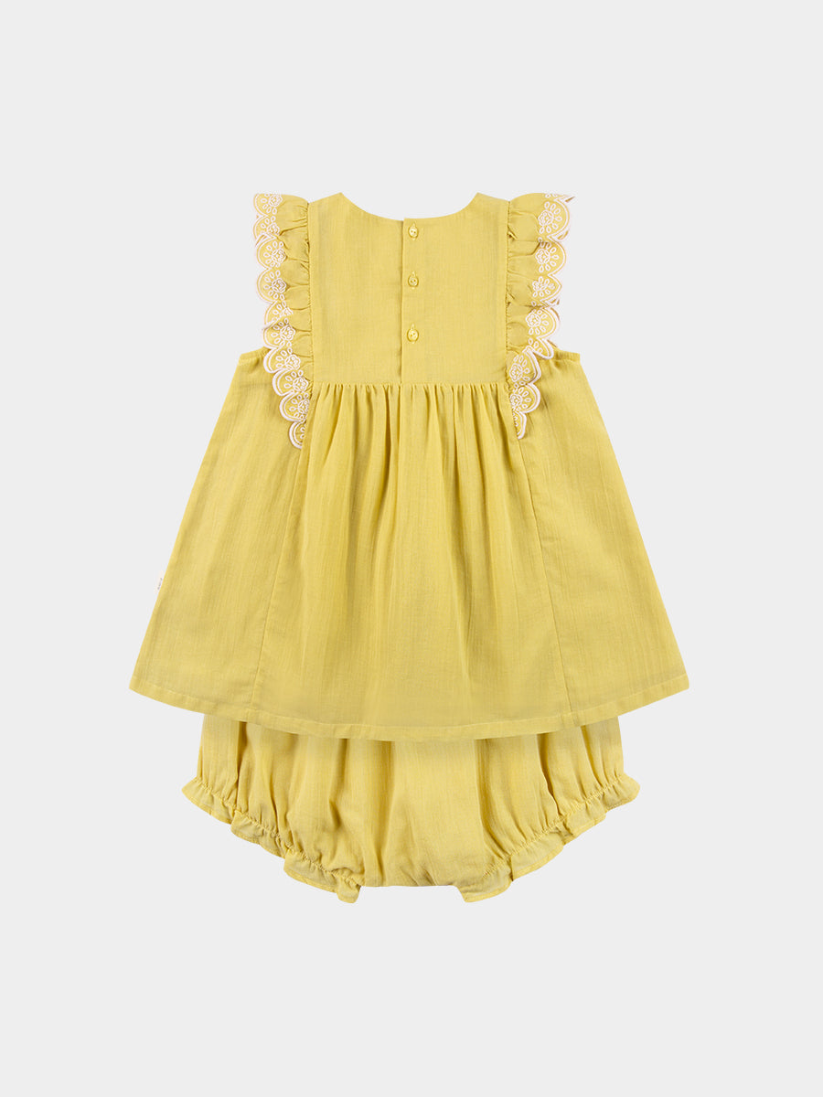 Uffizi Embroidery Dress & Bloomers Set, Lemon Yellow – view 8