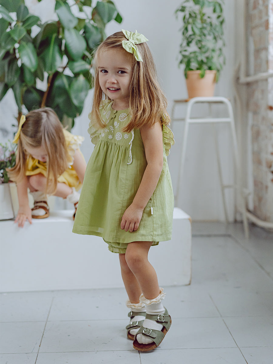 Uffizi Embroidery Dress & Bloomers Set, Apple Green – view 3