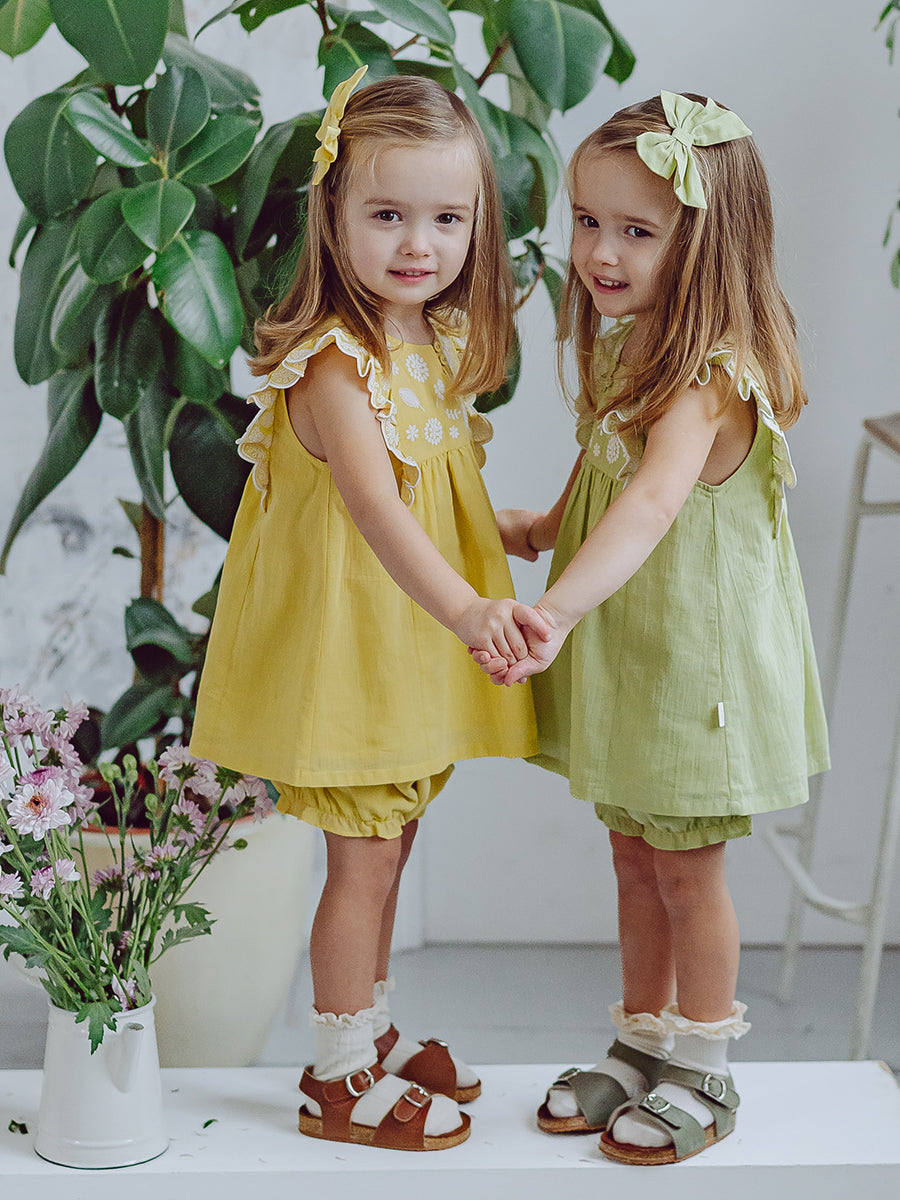Uffizi Embroidery Dress & Bloomers Set, Apple Green – view 7