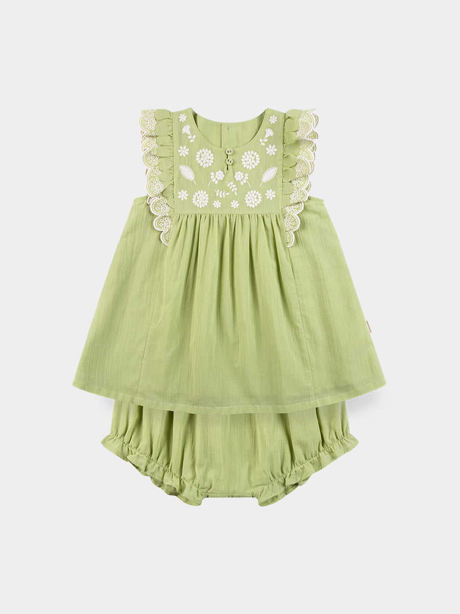 Uffizi Embroidery Dress & Bloomers Set, Apple Green – view 2