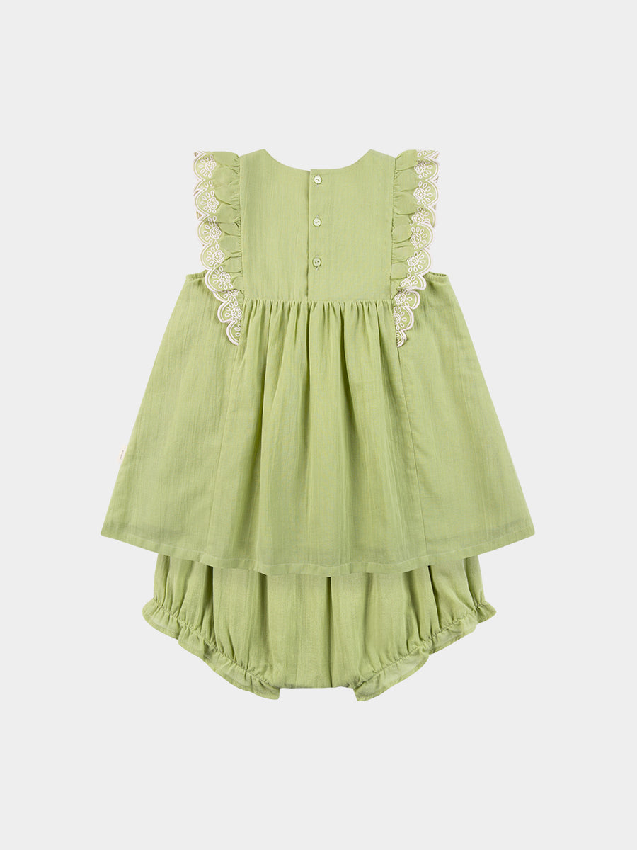 Uffizi Embroidery Dress & Bloomers Set, Apple Green – view 8
