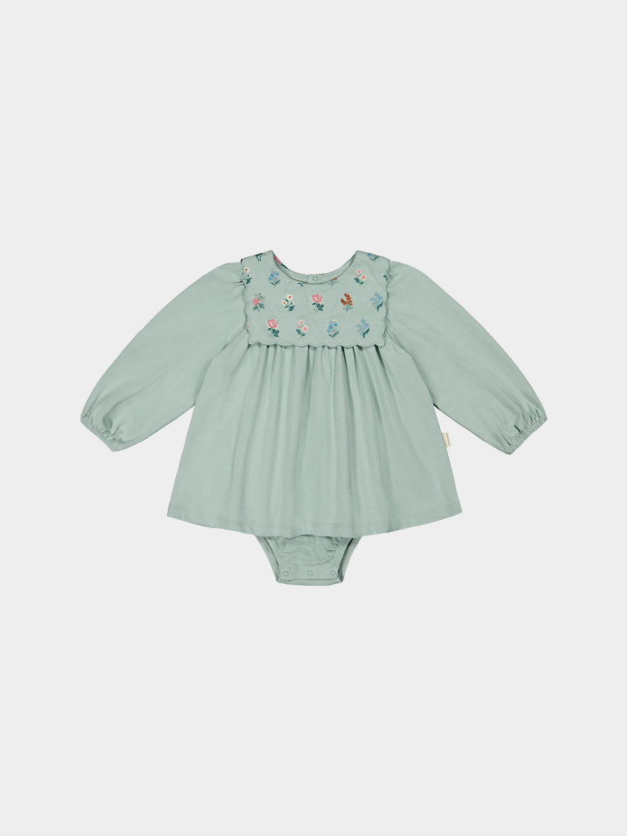 Ely Embroidered Jersey Romper, Pea Green – view 2