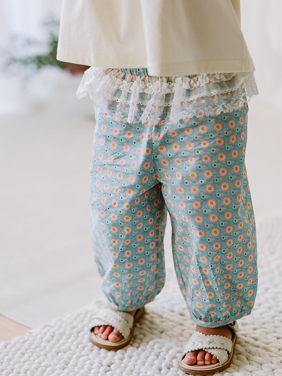 Valladolid Trousers, Ceramic Flowers, Teal – Happyology