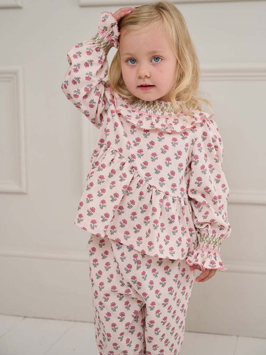 Charleston Smocked Tee, Block Print Peony, Butterscotch – Happyology