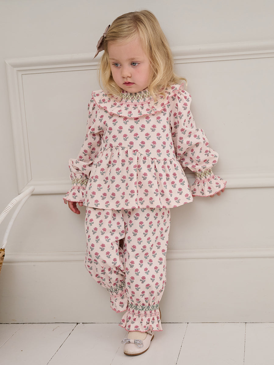 Bruges Smocked Trousers, Block Print Peony, Butterscotch – Happyology