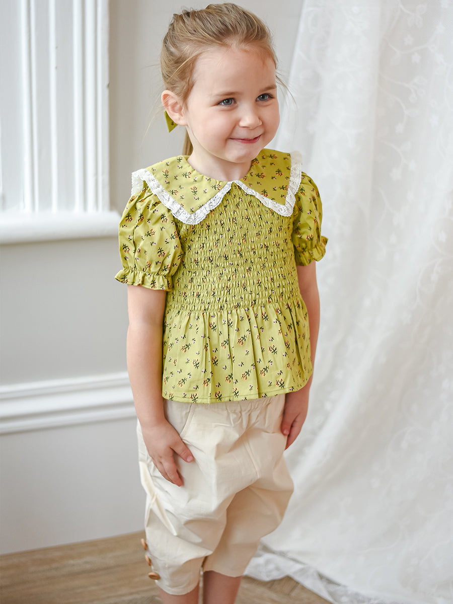 Cecile Smocked Floral Blouse， Green Fields – view 4