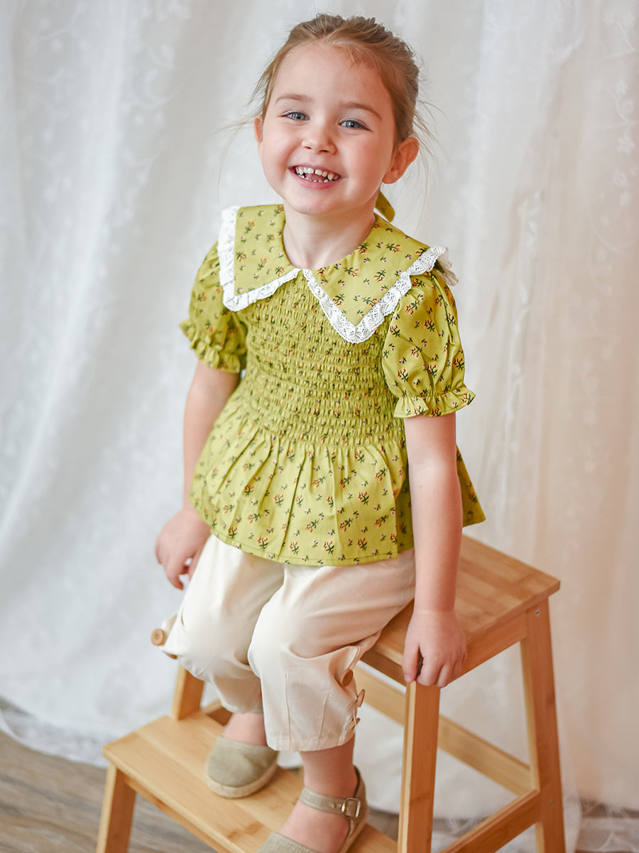 Cecile Smocked Floral Blouse， Green Fields – view 5