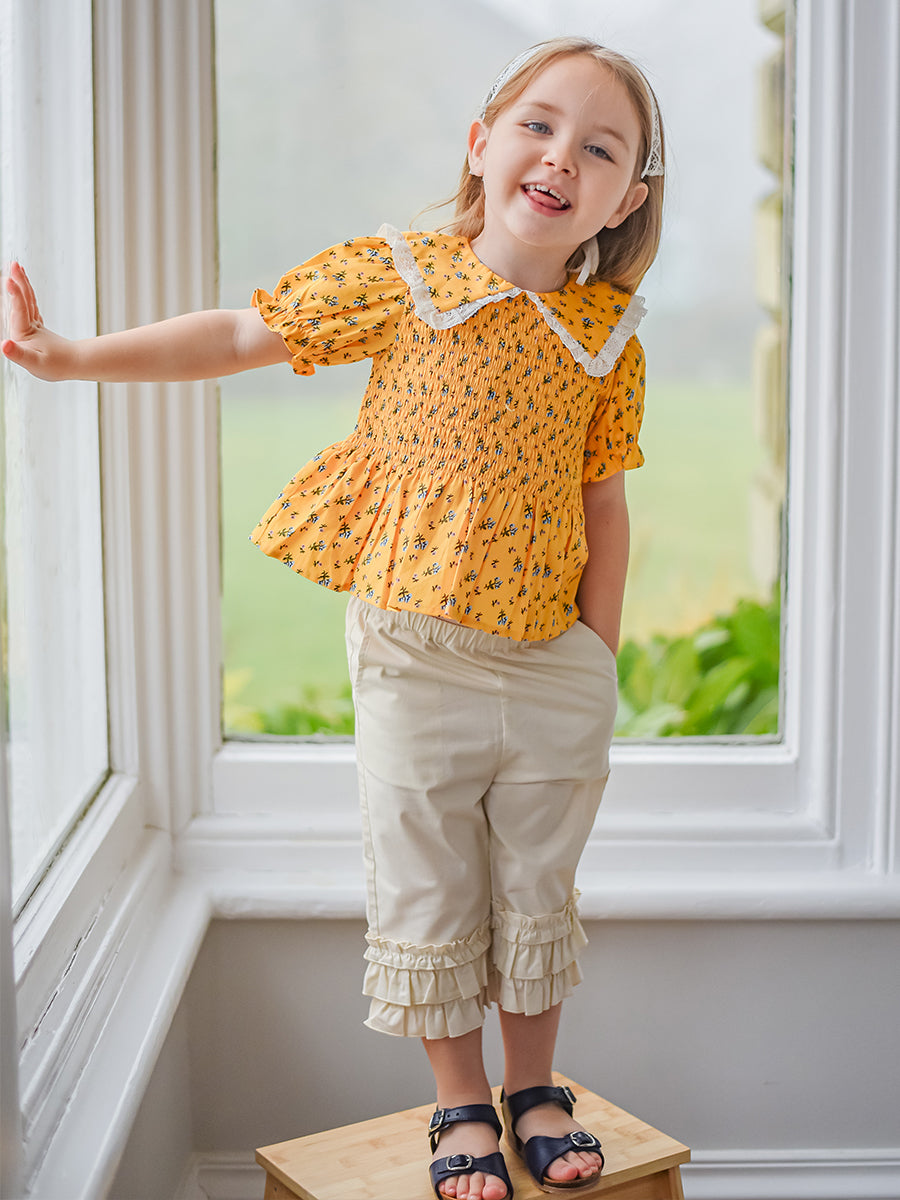 Cecile Smocked Floral Blouse， Yellow Fields – Happyology