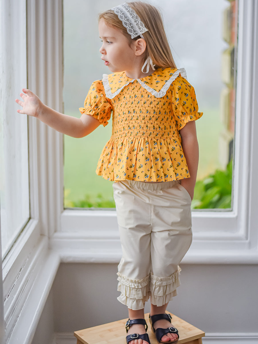 Cecile Smocked Floral Blouse， Yellow Fields – view 3