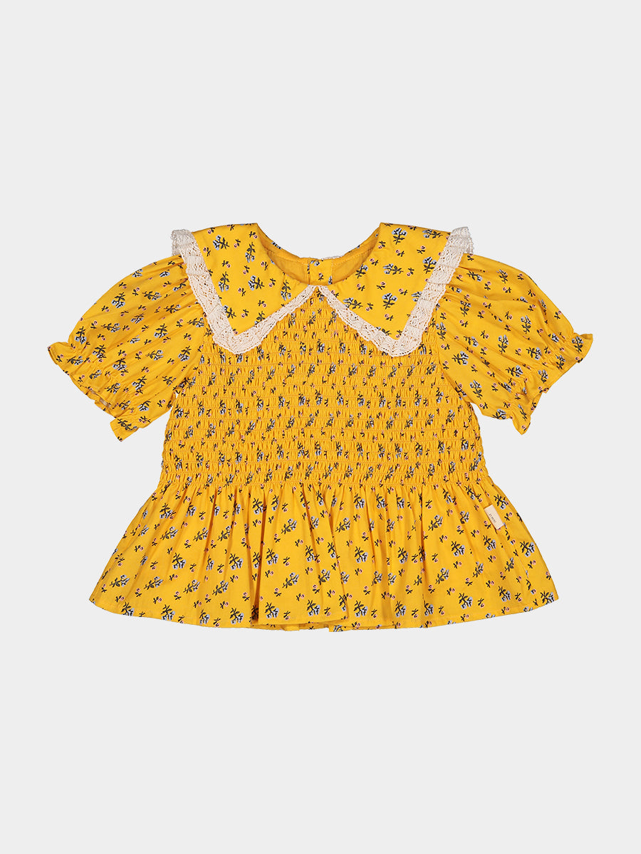 Cecile Smocked Floral Blouse， Yellow Fields – view 2