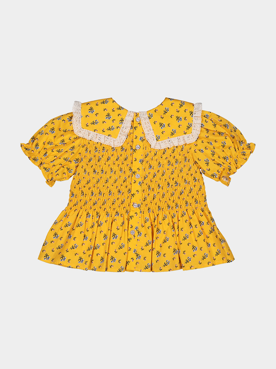 Cecile Smocked Floral Blouse， Yellow Fields – view 7