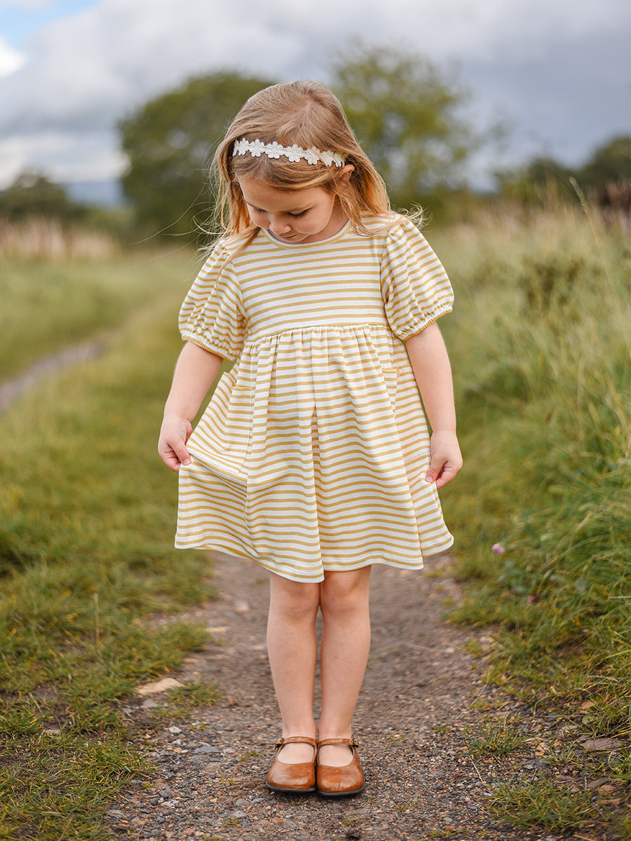 Phoebe Cotton Jersey Dress,Yellow Stripes – Happyology