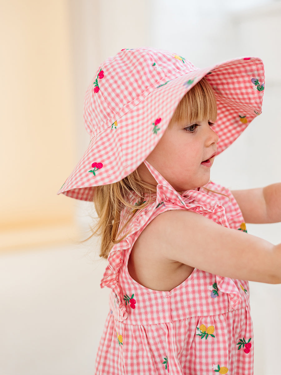 Alstonia Fruit Embroidery Sunhat, Pink Check – Happyology