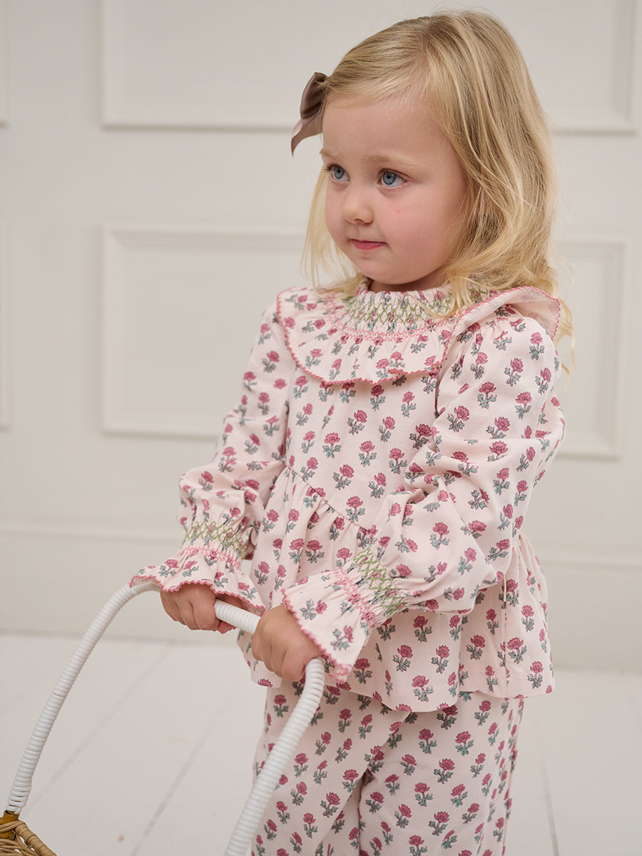 Charleston Smocked Tee, Block Print Peony, Butterscotch – view 4